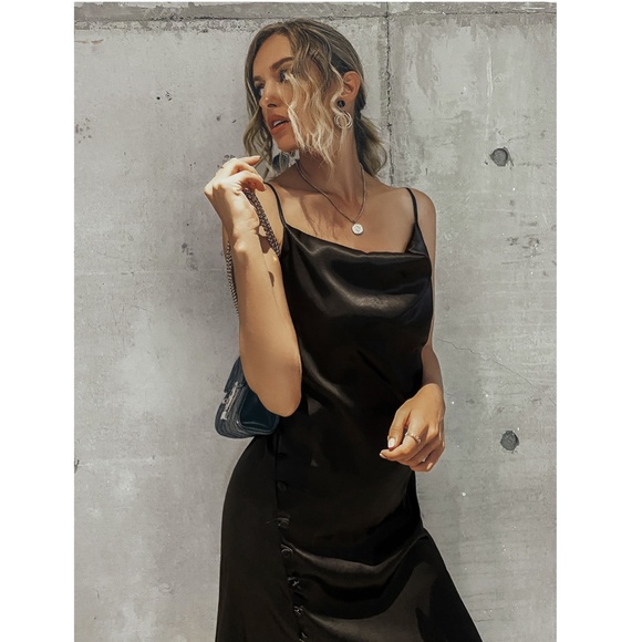 Black Satin Cami High Slit Midi Dress - Picture 7 of 10